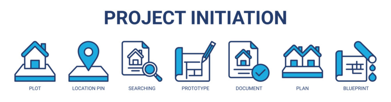 Project Initiation web banner icon vector illustration concept for business with icon of plot, location pin, searching, prototype, document, plan, blueprint.