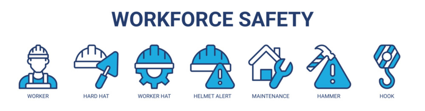 Workforce Safety web banner icon vector illustration concept for business with icon of worker, hard hat, worker hat, helmet alert, maintenance, hammer, hook.
