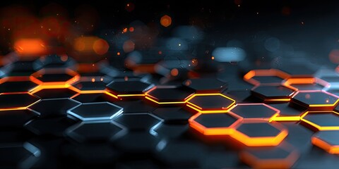 Close-up view of glowing hexagonal shapes with orange and blue highlights against a dark backdrop