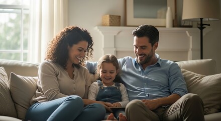 Young family with curly-haired mother and father in casual clothing on a couch. A smiling daughter in denim overalls looks at a tablet device in a living room.