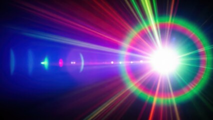 Vibrant multicolored light beam with lens flare effects on dark background