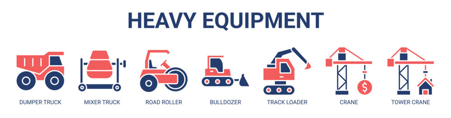 Heavy Equipment web banner icon vector illustration concept for business with icon of dumper truck, mixer truck, road roller, bulldozer, track loader, crane, tower crane. © santerabos