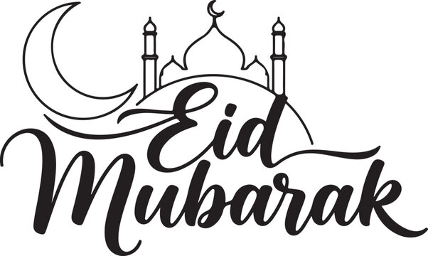 Silhouette Mosque with Crescent Moon and Stars: Celebrating the Joyful Occasion of Eid Mubarak with Festive Designs