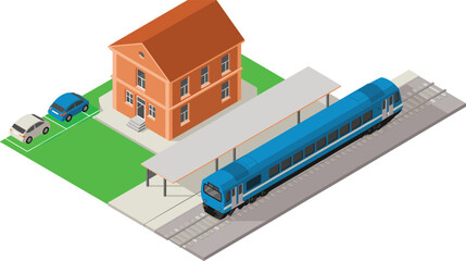 Isometric train station illustration with modern passenger train platform building cars railway transportation public transit urban infrastructure travel