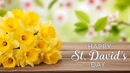 Happy st davids day yellow daffodils on wooden table outdoor floral arrangement