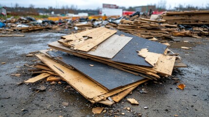 A pile of splintered plywood scraps and torn packaging rests on the ground at a construction debris site
