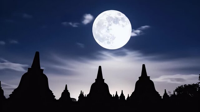 Buddhist Uposatha Days moonlit background with full moon glow and stupa silhouettes