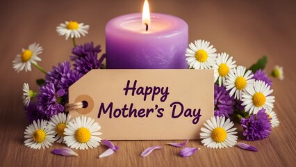 Happy mother's day celebration with purple candle and fresh flowers