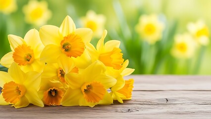Vibrant bunch of yellow daffodils on wooden table outdoor  spring flowers