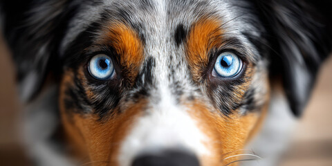 Close up portrait of a blue merle Border Collie with vivid blue eyes.