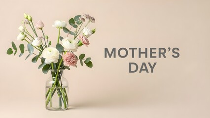 Mother's day floral arrangement in a glass vase on beige background
