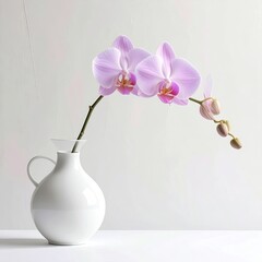 Orchid flower in white vase against white backdrop; delicate bloom arrangement, elegant indoor still life