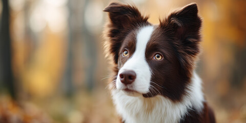 Attentive border collie with expressive eyes in an autumn forest.