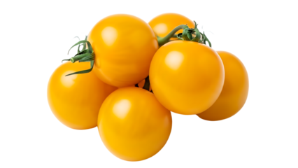 Cluster of Six Bright Yellow Lemons with Fresh Green Stems and Leaves isolated on a transparent background