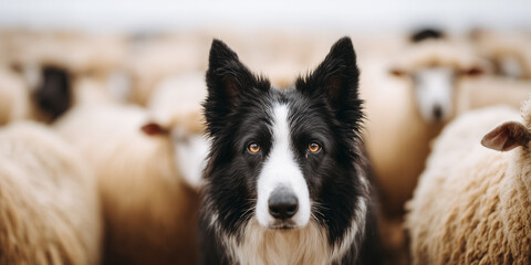 Focused border collie herding sheep in a rural pasture.