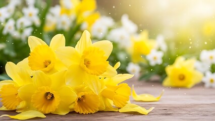 Vibrant yellow daffodils on wooden surface with white flowers in background  spring flowers