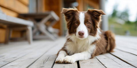 Relaxed border collie lying on a wooden terrace in front of a countryside house.