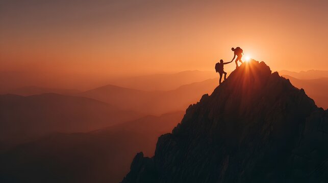 Silhouette of two hikers appears on a mountain peak at sunset where one person helps the other climb up, symbolizing teamwork and success.