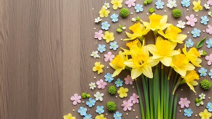 Vibrant yellow daffodils and colorful small flowers on wooden surface