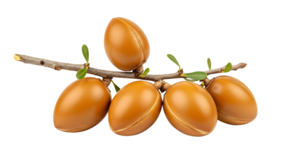 Five glossy brown hazelnuts with green leaves attached to a twig on black background isolated on a transparent background