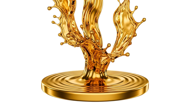 Dynamic Golden Liquid Splash with Reflective Ripples on a Polished Circular Base isolated on a transparent background - Powered by Adobe