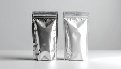 Two metallic foil pouches standing upright against a white background, studio shot