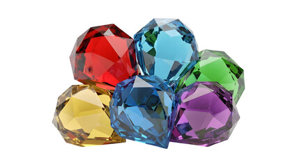 Collection of colorful faceted gemstones and diamonds in vibrant shades of red, blue, green, and purple on white background, luxury jewelry gems