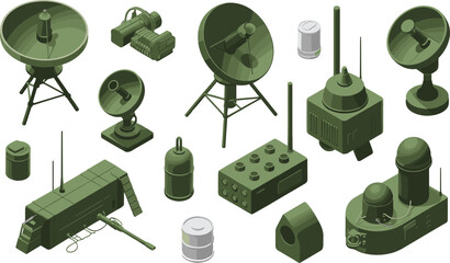 Isometric 3D illustration of military radar systems and communication equipment in green camouflage design for defense technology and surveillance concept © MSAYASHA