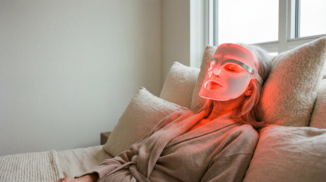 A serene woman relaxes while using a light therapy mask, promoting skin rejuvenation and wellness in the comfort of her home.
