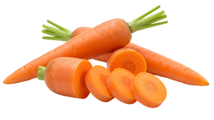 Fresh whole and sliced orange carrots with green stems on dark background isolated on a transparent background