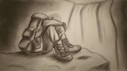 A weary hiker rests with their backpack before a waterfall. It evokes a feeling of quiet solitude