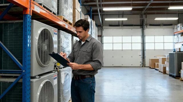 Medium shot of HVAC wholesaler checking inventory with insurance documents for liability protection against accidents and claims.