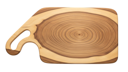 Handcrafted Wooden Cutting Board with Spiral Grain Pattern and Ergonomic Handle isolated on a transparent background