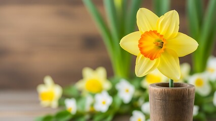 Yellow and orange daffodil in wooden vase on wooden table with green leaves and flowers