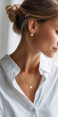 Elegant young woman wearing minimalist gold earrings and a delicate necklace with a round pendant, styled with a white shirt.