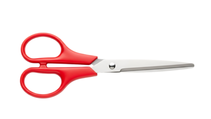 Pair of bright red and silver craft scissors with ergonomic handles open on black isolated on a transparent background
