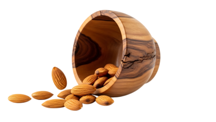 Open wooden walnut shell revealing whole and halved light brown nuts on dark background isolated on a transparent background