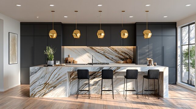 Sleek modern kitchen showcases matte black flat-panel cabinets, white marble countertops with dramatic veining, and luxury gold lighting.