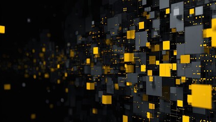 Abstract digital composition featuring glowing yellow and gray blocks extending