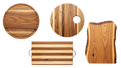 Set of Four Handcrafted Wooden Kitchen Including Cutting Boards and a Knife Block isolated on a transparent background