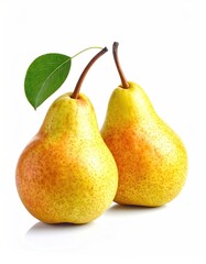 Two pears with leaf isolated on white background, still life showing the fruit.