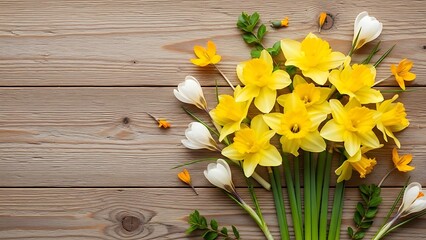 Yellow and white daffodils on wooden table with green stems and leaves