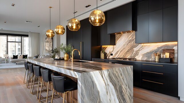 Sleek modern kitchen showcases matte black flat-panel cabinets, white marble countertops with dramatic veining, and luxury gold lighting.