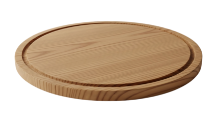 Single light wooden round serving tray with smooth curved edges and natural grain texture isolated on a transparent background