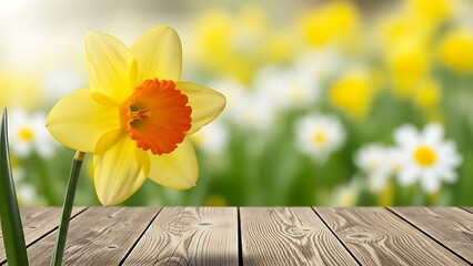 Yellow daffodil flower on wooden table with blurred garden background