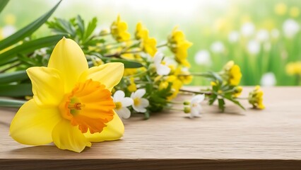 Yellow daffodil flower on wooden table with green leaves and small white flowers