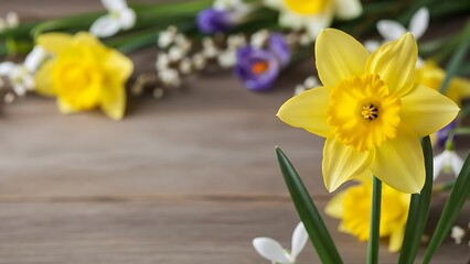 Yellow daffodil flowers on wooden table with green leaves and other flowers