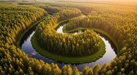Aerial view of a winding river through a dense coniferous forest at sunset