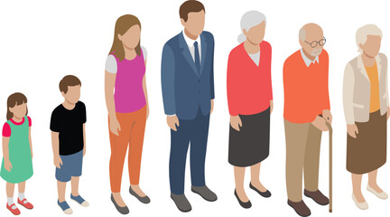 Obraz premium Multigenerational family illustration showing people of different ages standing together representing life stages aging society diversity concept vector flat design