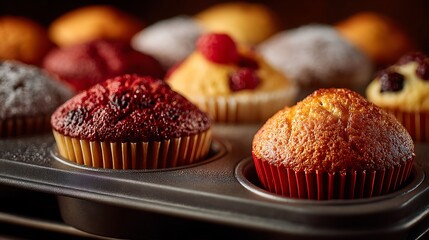 Delicious assortment of freshly baked cupcakes in a muffin tin